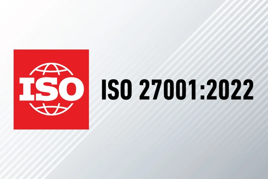 ISO 27001:2022 certification badge with the red ISO logo on a light textured background