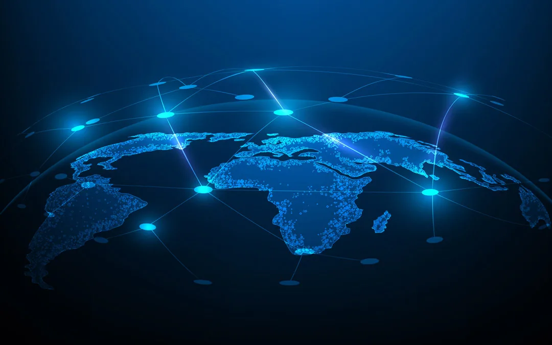 A glowing blue digital world map with continents formed from data points and connected by a network of light across borders