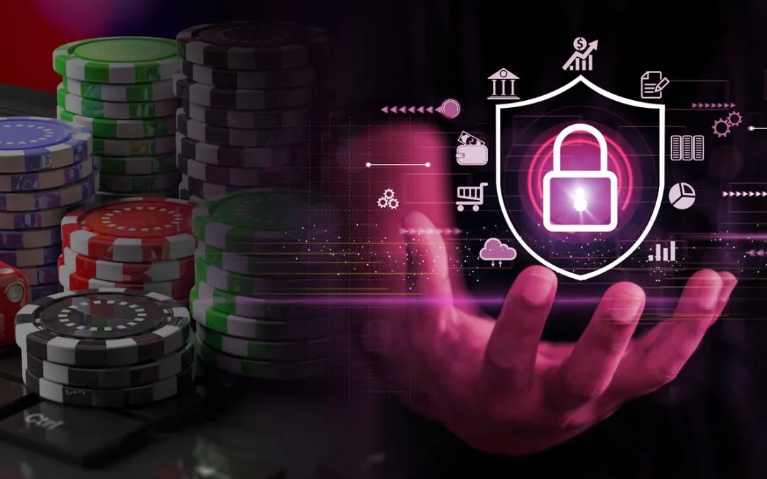 Stacks of casino gambling chips beside a hand holding a glowing padlock security shield, surrounded by floating financial and data icons