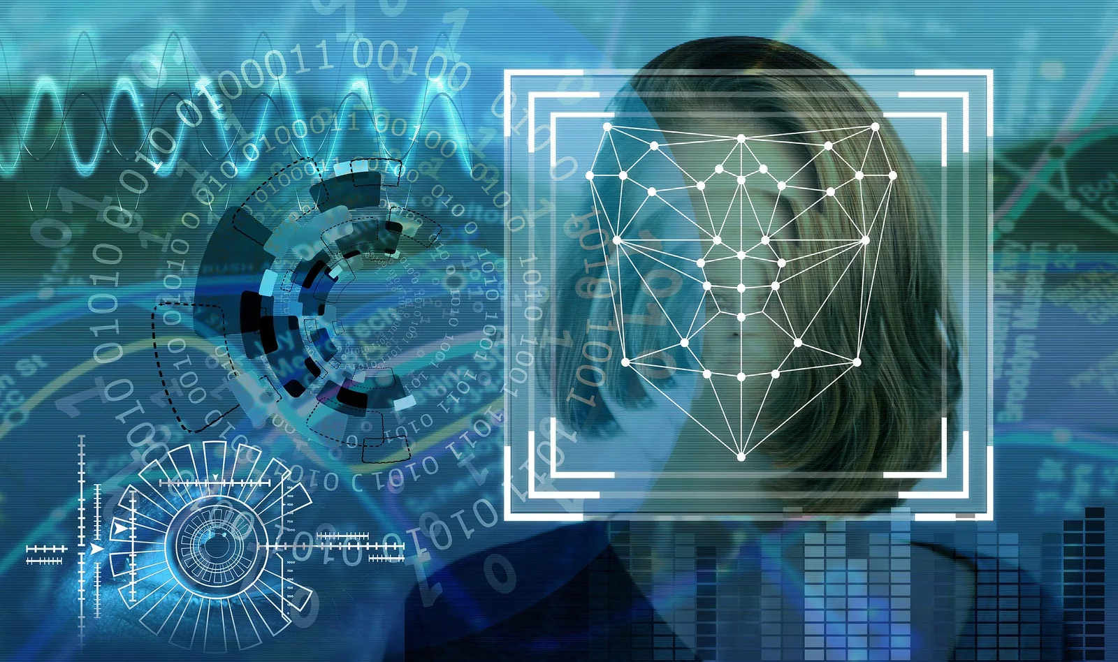 A human face overlaid with a facial-recognition detection grid mapping key points across the features