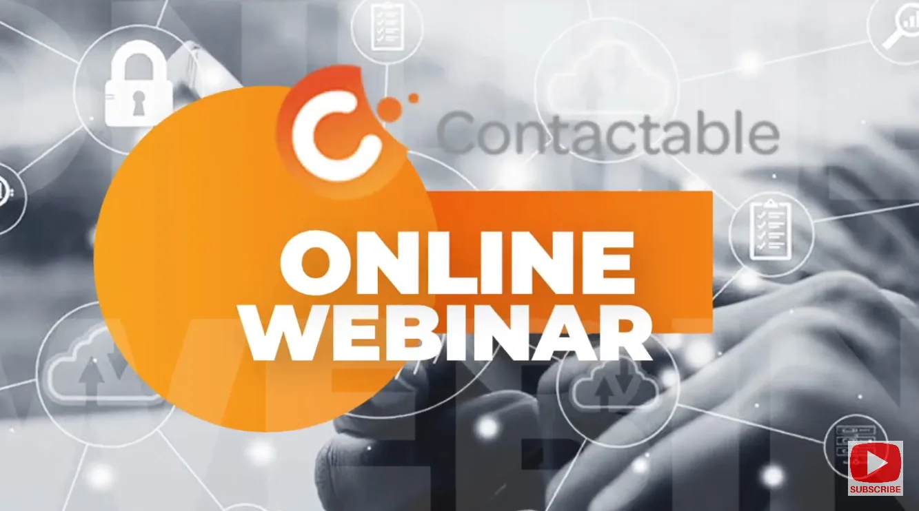 Contactable 'Online Webinar' title card, with the Contactable logo over a greyscale image of hands using a smartphone surrounded by connected security icons