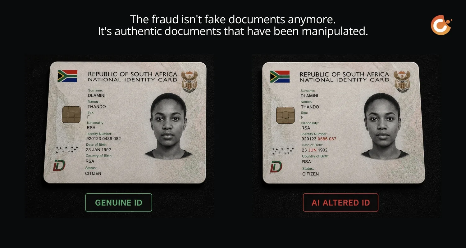 Two near-identical South African ID documents side by side, one genuine and one AI-altered, illustrating how hard manipulated identities are to spot