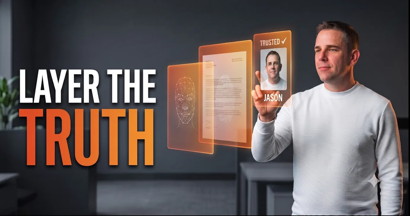 Jason Shedden alongside the phrase 'the future of fraud prevention isn't better biometrics, it's layered truth'