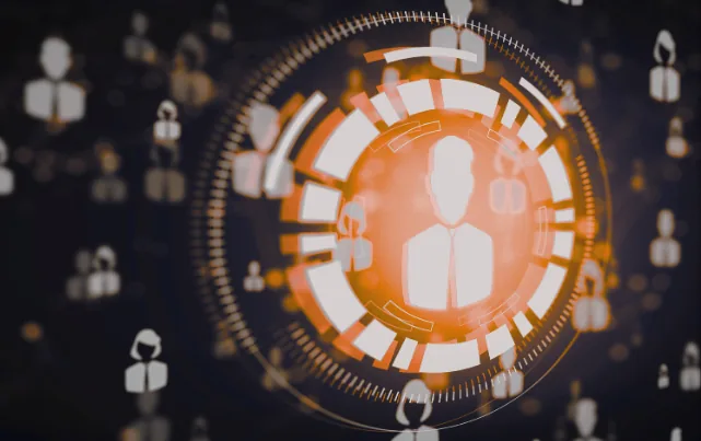 A single person icon lit up inside a glowing orange verification ring, surrounded by a field of faint, unverified people icons