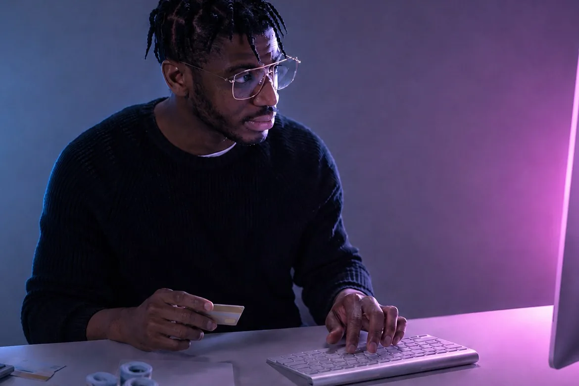 Compliance professional reviewing screening results on a desktop computer, bank card in hand