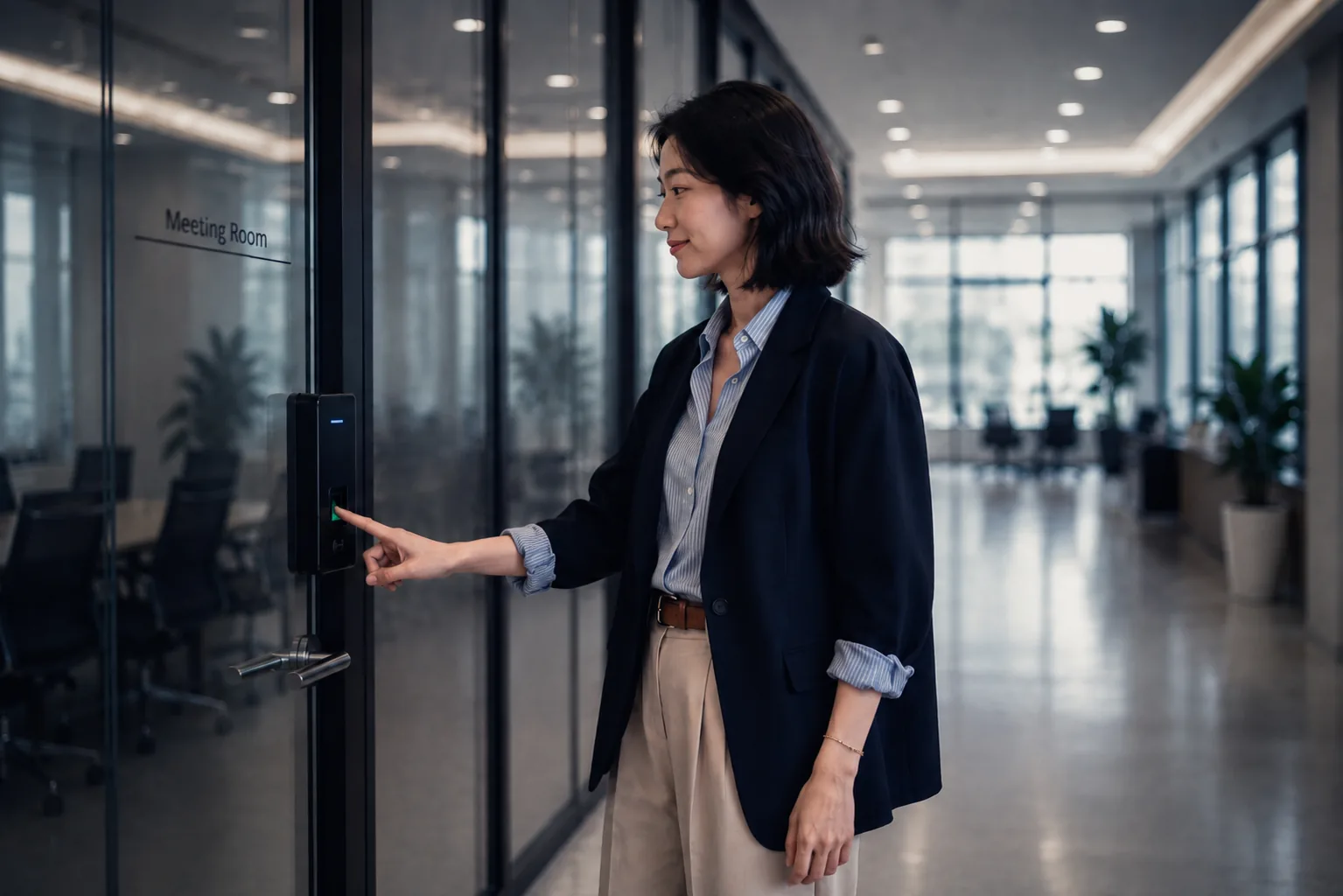Woman verifying identity at a biometric access reader