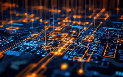 A close-up of an illuminated circuit board with orange and blue data pathways