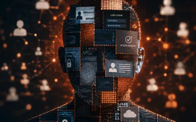 A silhouette made of identity-verification UI panels — login, fingerprint and profile cards — over a network of connected people icons