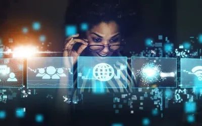 A woman peering over her glasses at a screen, framed by floating icons representing global connectivity and data