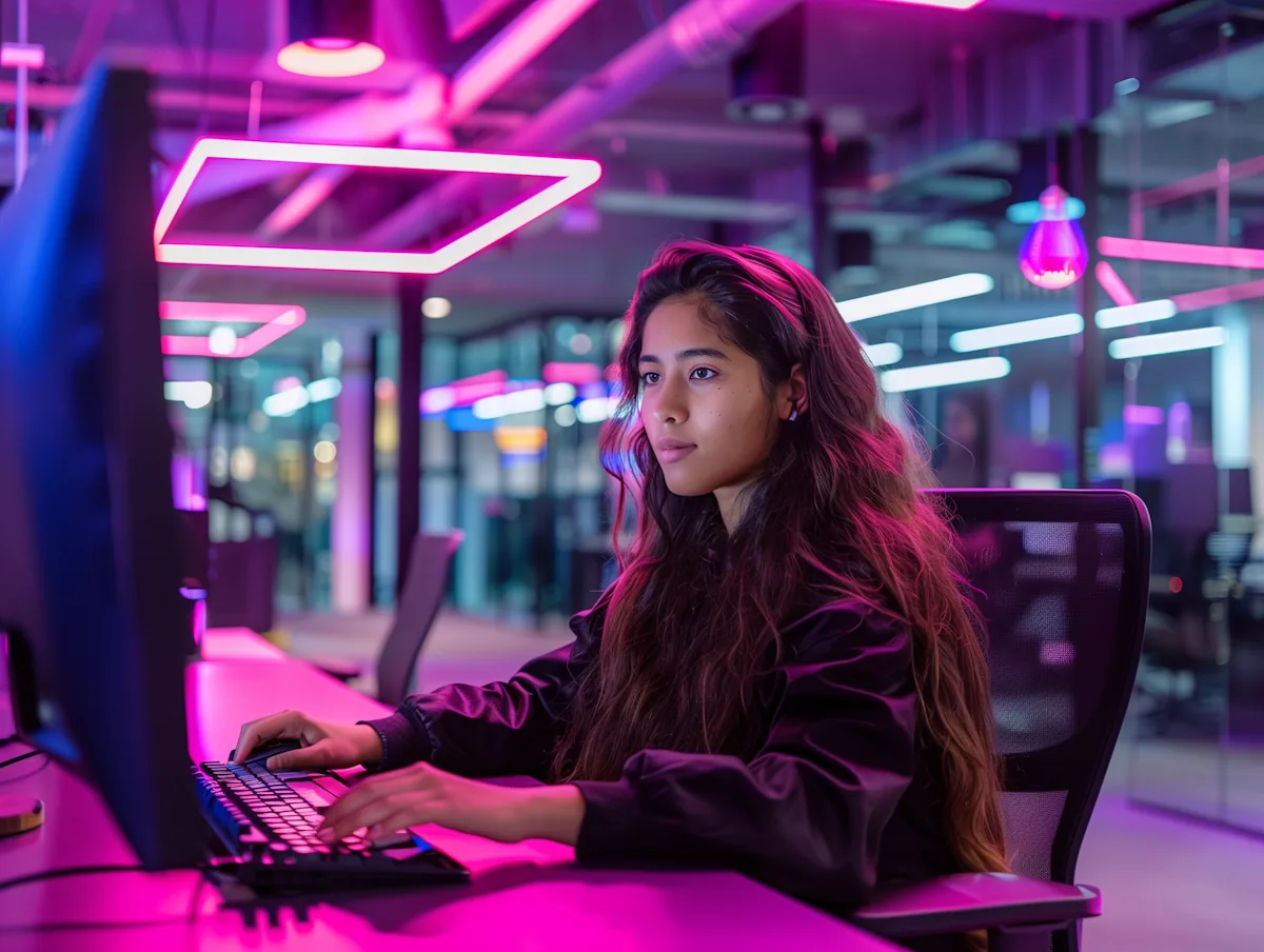 A Contactable team member working late at her desk in a neon-lit office