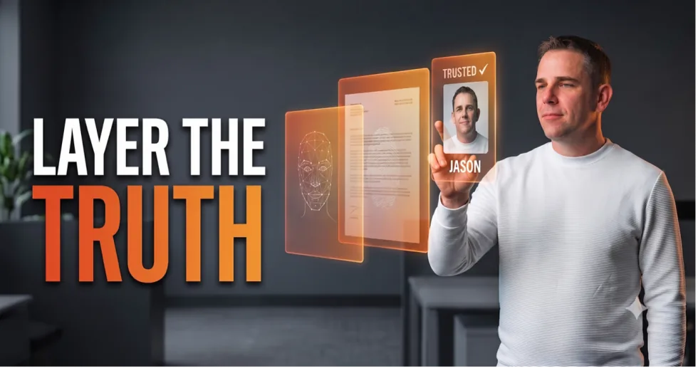 A man interacting with layered biometric verification screens — a face scan, a document and a trusted profile — floating in front of him