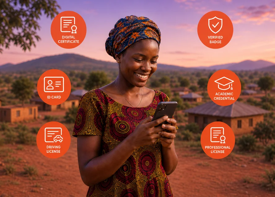 Smiling woman in a headwrap using her phone at sunset, surrounded by verified credential icons — digital certificate, ID card, driving licence and more