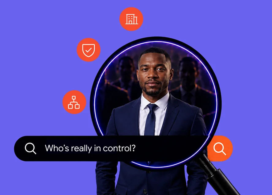 Magnifying glass revealing a businessman behind the search 'Who's really in control?'