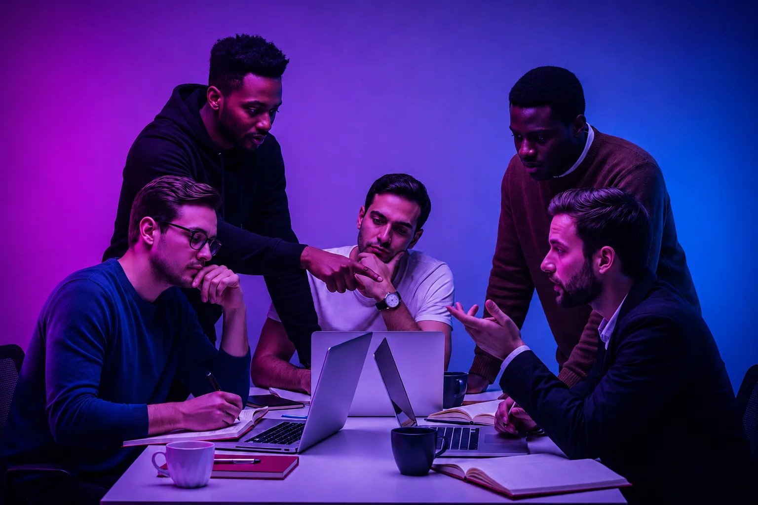 A compliance team gathered around laptops in purple light, working through an ownership structure together