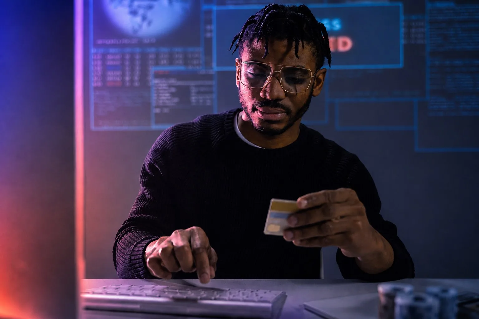 Fraud risk — person reviewing a card in shadow, representing identity fraud threat