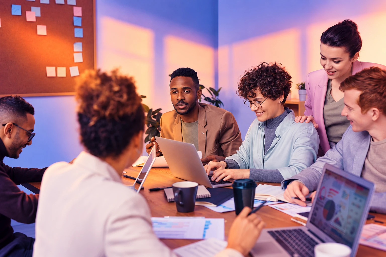 A compliance team gathered around laptops, working through a customer case together
