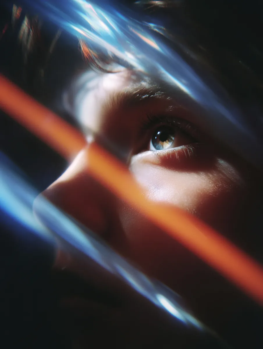 Close-up of a human eye lit by streaks of light