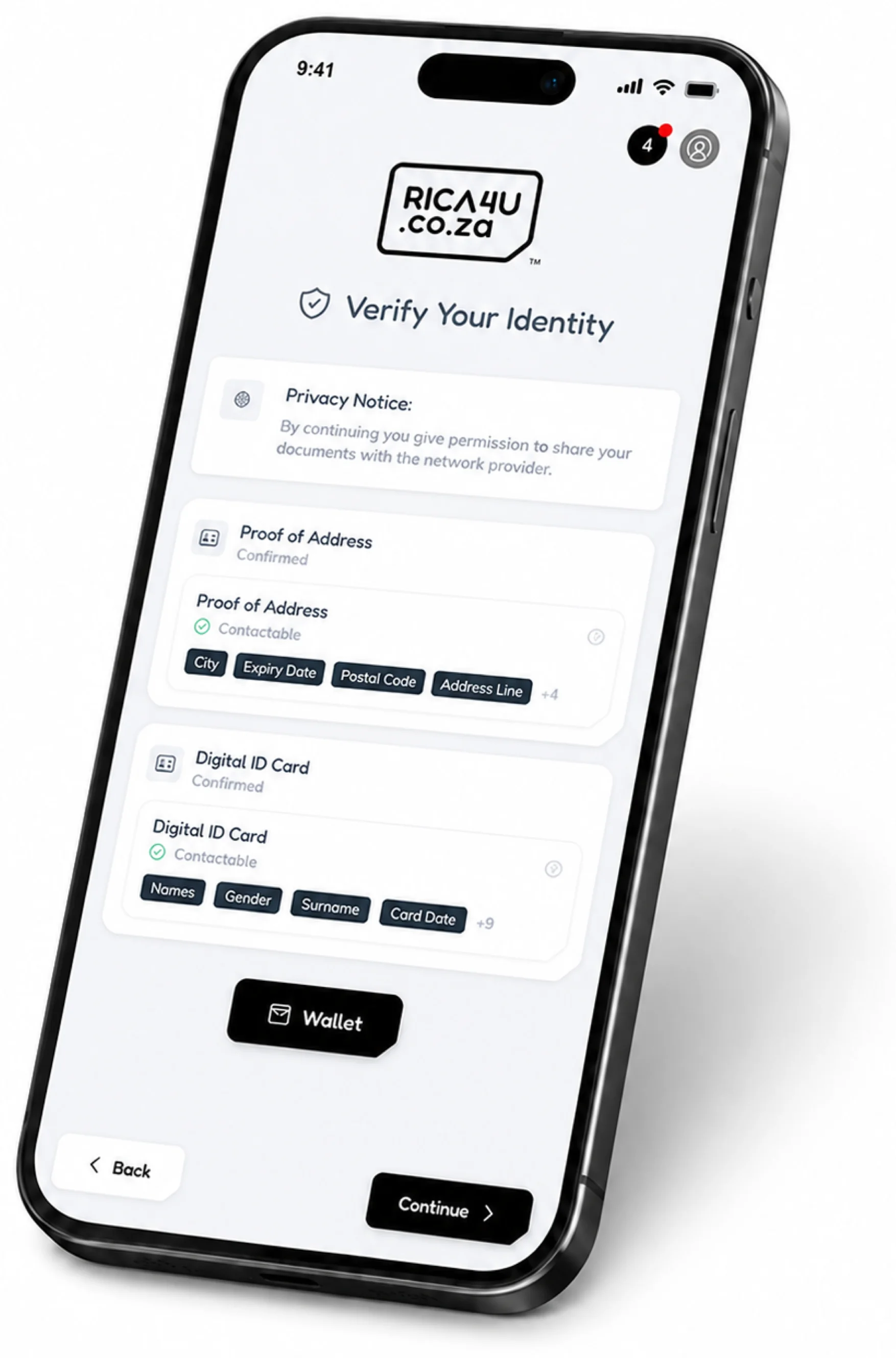 The RICA4U app verifying your identity, with confirmed Proof of Address and Digital ID Card credentials ready to share