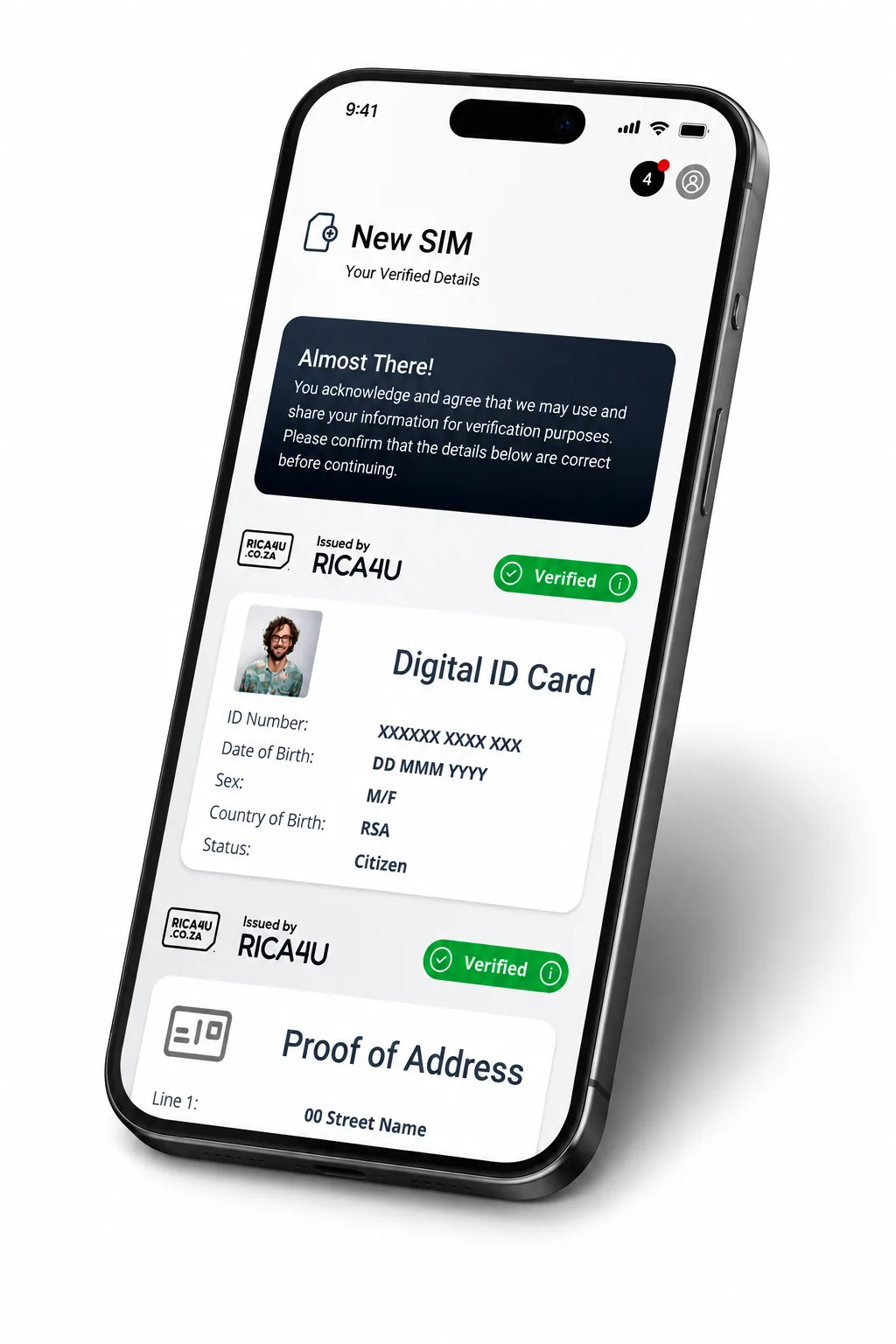 The RICA4U app showing a verified Digital ID Card and Proof of Address for a new SIM