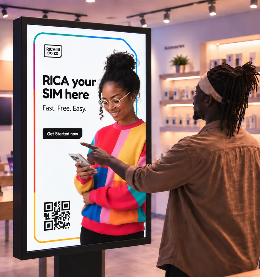 A customer completing RICA on a self-service kiosk in a mobile store, tapping &ldquo;Get Started now&rdquo; on a RICA4U screen